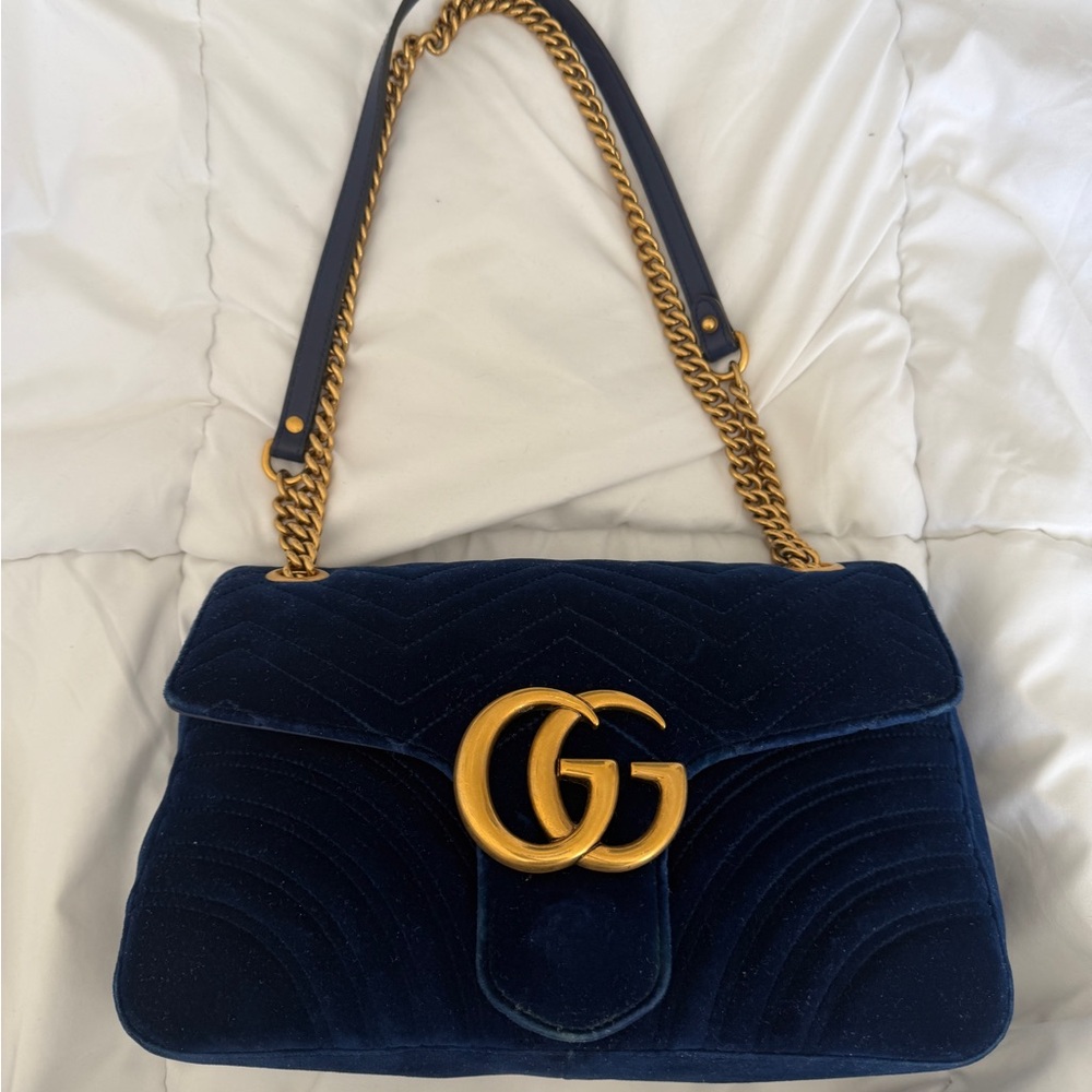 Gucci marmont Velvet Blue Handbag with Gold Chain